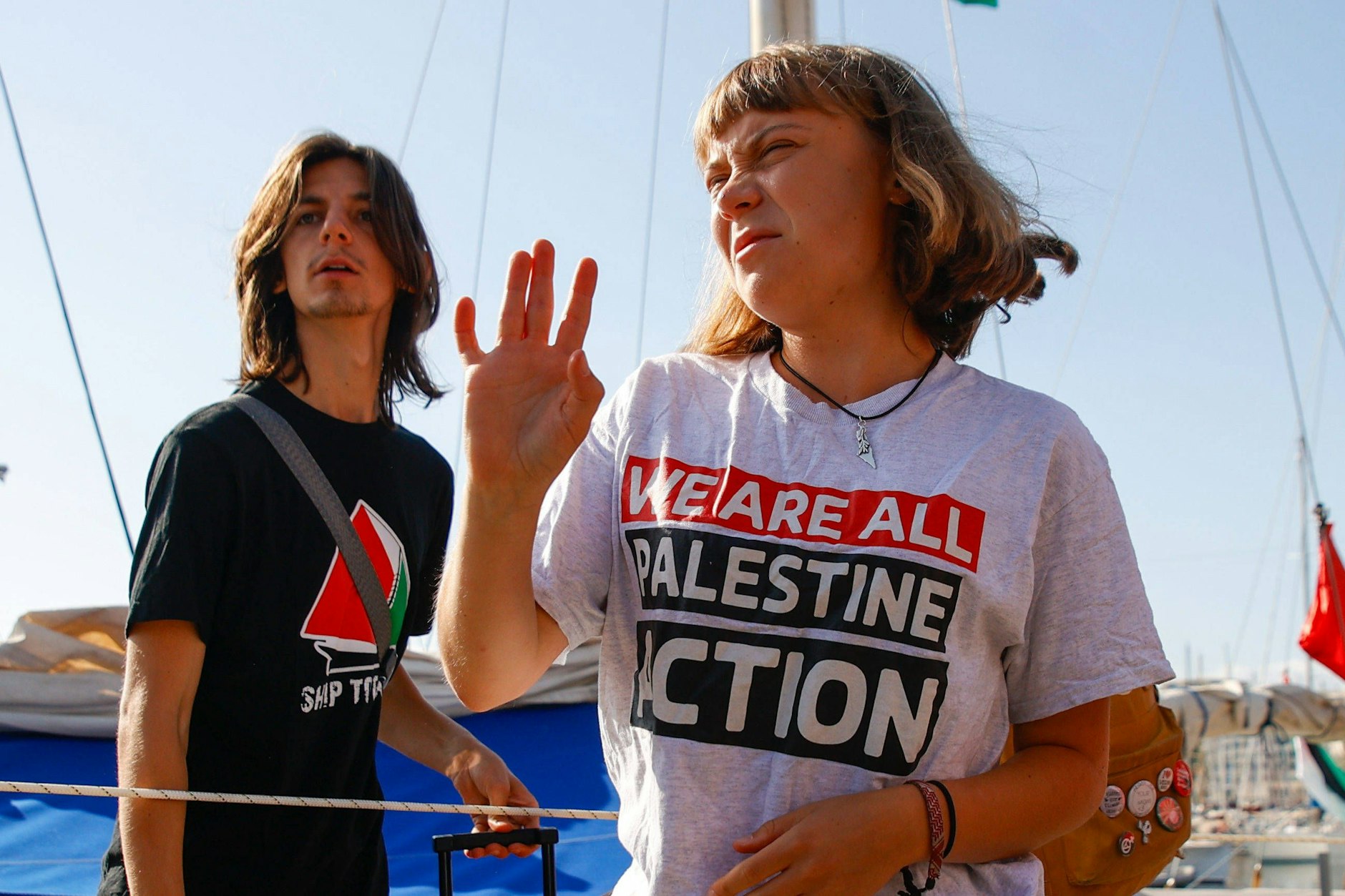 Die „Global Sumud Flotilla“&nbsp;mit Greta Thunberg (re.) war Ende August mit mehr als 20 Schiffen und mehr als 300 Menschen von Barcelona nach Gaza in See gestochen.
