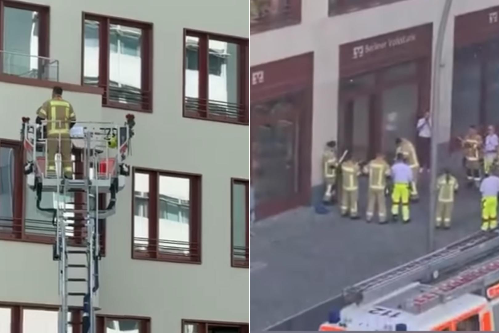 Per Drehleiter ließ sich der Feuerwehrmann vor das Fenster seiner Angebeteten bringen. Vor dem Haus (rechts) ging er dann noch mal auf die Knie, machte seinen Heiratsantrag ganz klassisch und umarmte sie dann.