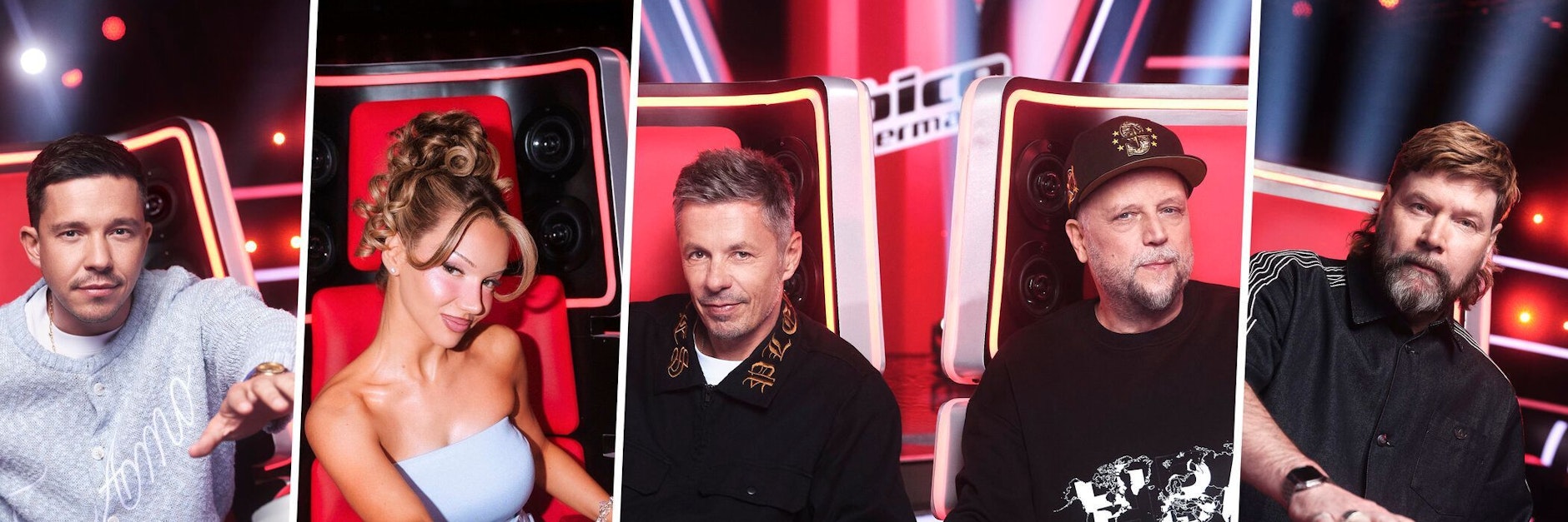 Nico Santos (v.l.), Shirin David, Michi Beck und Smudo von den Fantas sowie Rea Garvey sitzen diesmal in der Jury von „Voice of Germany“.